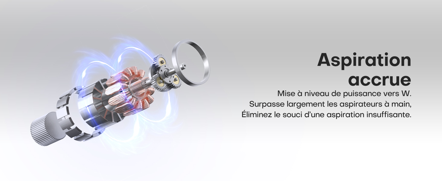 Illustration technique d'un mécanisme d'aspiration avec des composants illuminés en bleu et des pièces mécaniques internes visibles dans un schéma en vue éclatée.