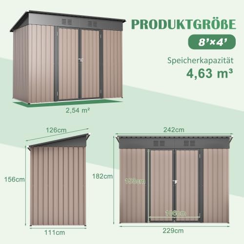 Abri de jardin métal 8x4 pieds, brun, résistant, cadre stable, spacieux