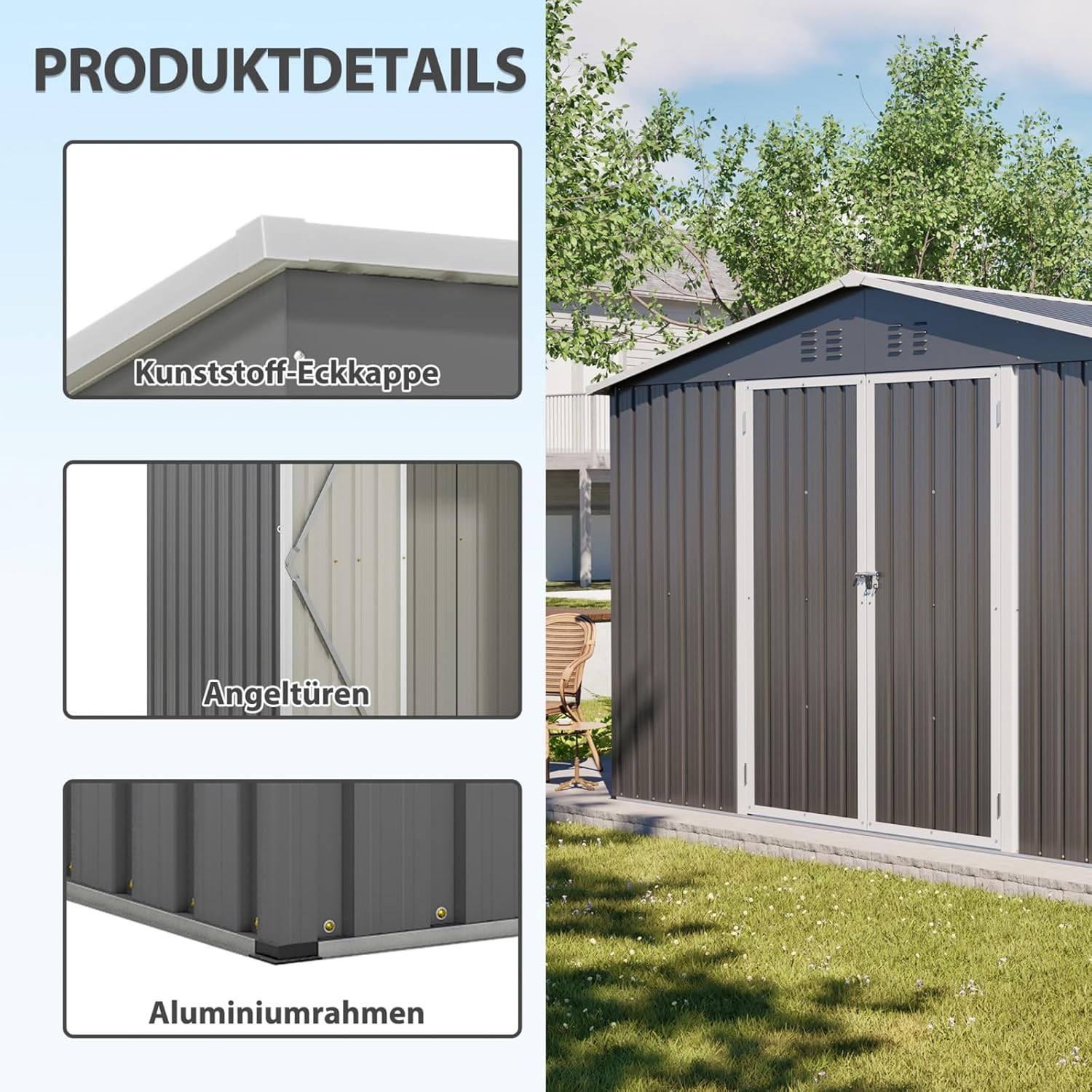 Abri de Jardin en Métal avec Cadre de Plancher, Coffre de Jardin en Acier Robuste, Cabanon de Jardin Extérieur Imperméable avec Portes Verrouillables, Gris (10x10 FT)