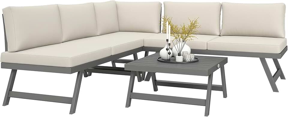 karaca-alisveris - salon de jardin d'angle convertible 4 pcs - alu et acier, coussins, beige