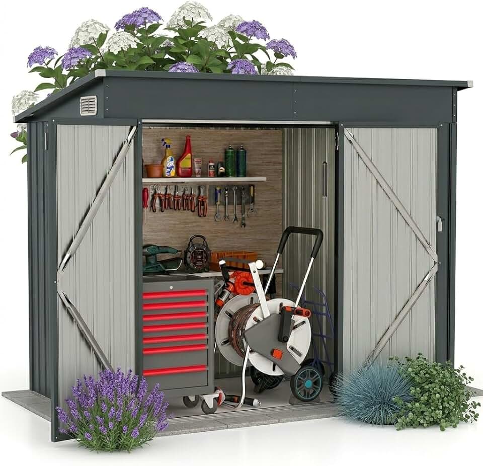 karaca-alisveris - abri de jardin métal - 238x119x187cm - porte, aérations, toit pente, gris