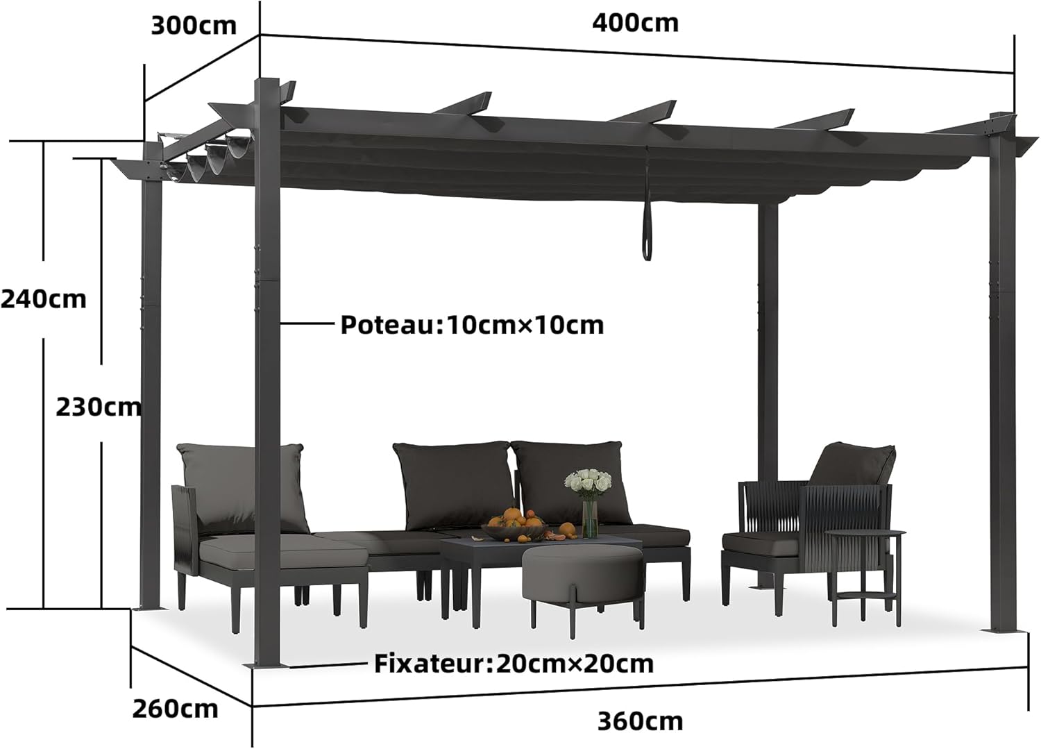 karaca-alisveris – pergola aluminium – 4x3m – toit rétractable, éclairage intégré