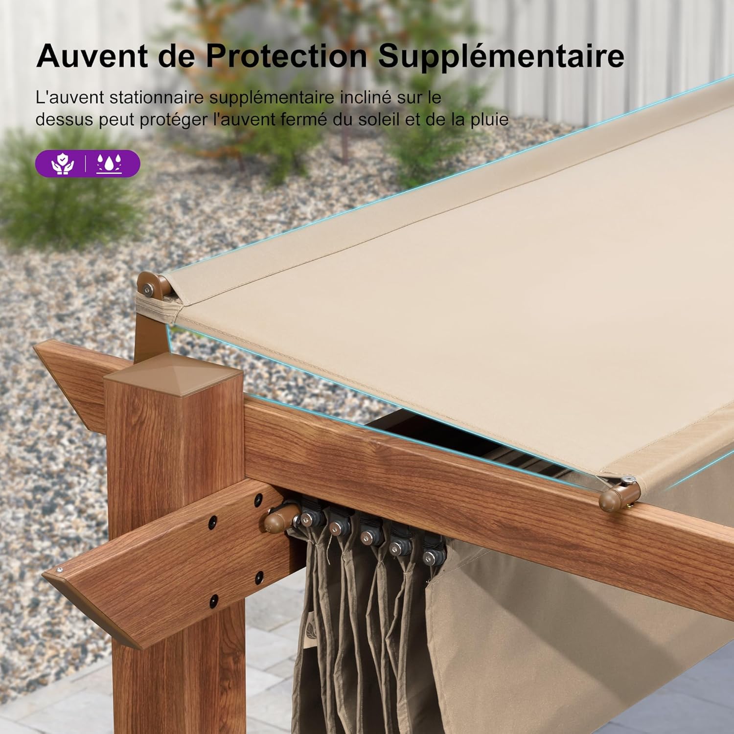 karaca-alisveris - pergola aluminium - 3x3m - teck, toile rétractable, kaki