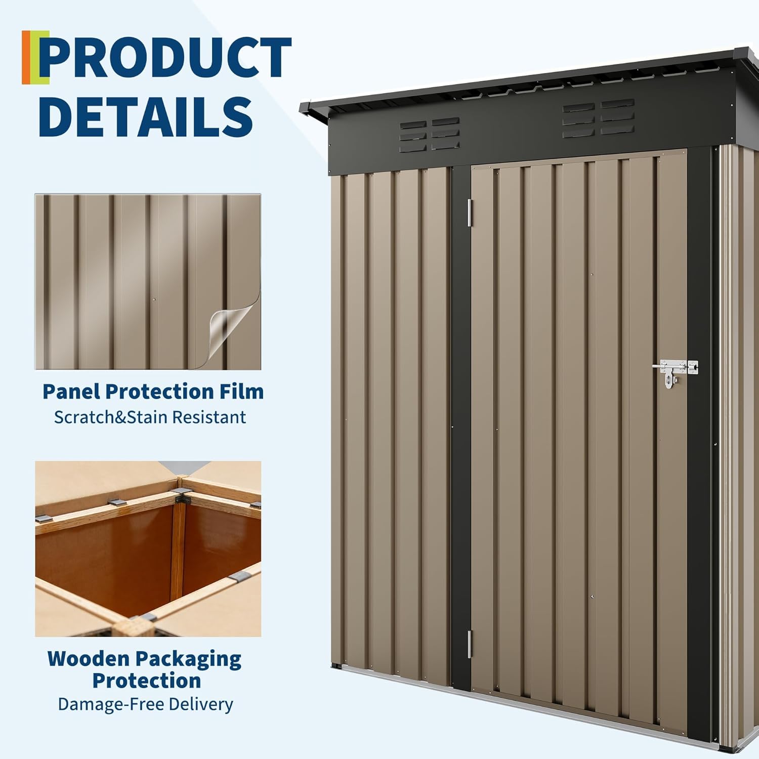 Abri de jardin en métal - 152,4 x 91,44 cm - Avec toit incliné et portail verrouillable - Abri de jardin compact en métal - Pour jardin, cour, terrasse (marron)