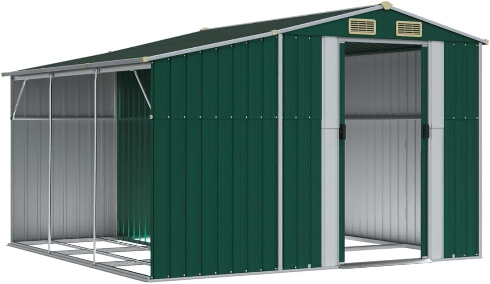 Abri de jardin en acier galvanisé - 277 x 279 x 179 cm - Vert - Avec support pour bois de chauffage et ouvertures d'aération - Pour outils de jardin - Rangement en extérieur
