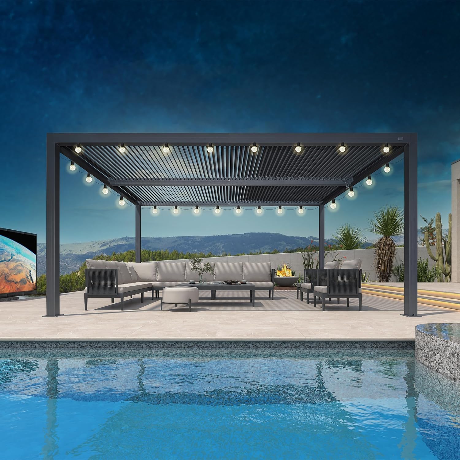 karaca-alisveris - Pergola bioclimatique - 4,8x3m - alu, lames orientables, éclairage, 14,4m²