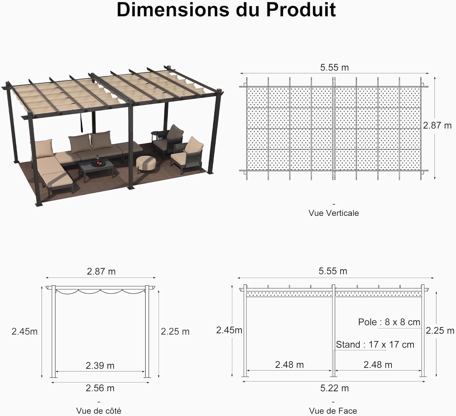 karaca-alisveris - Pergola alu 5,5x3m, toit rétractable LED, kaki
