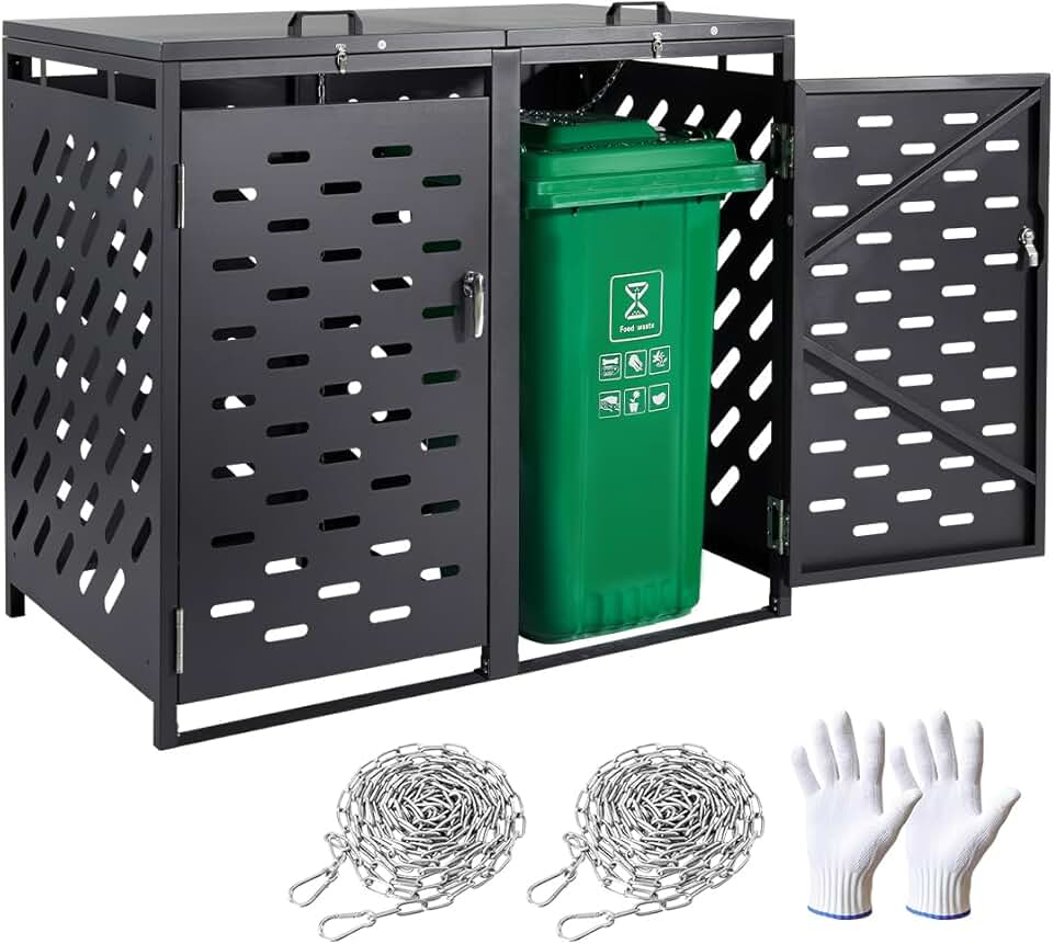 karaca-alisveris Abri pour poubelles, 2 x 240 L, Rangement pour poubelles Horizontal, avec Couvercle à chaîne, boîte de Rangement à poubelles d'extérieur, étanche et verrouillable, pour Jardin, Cour et terrasse