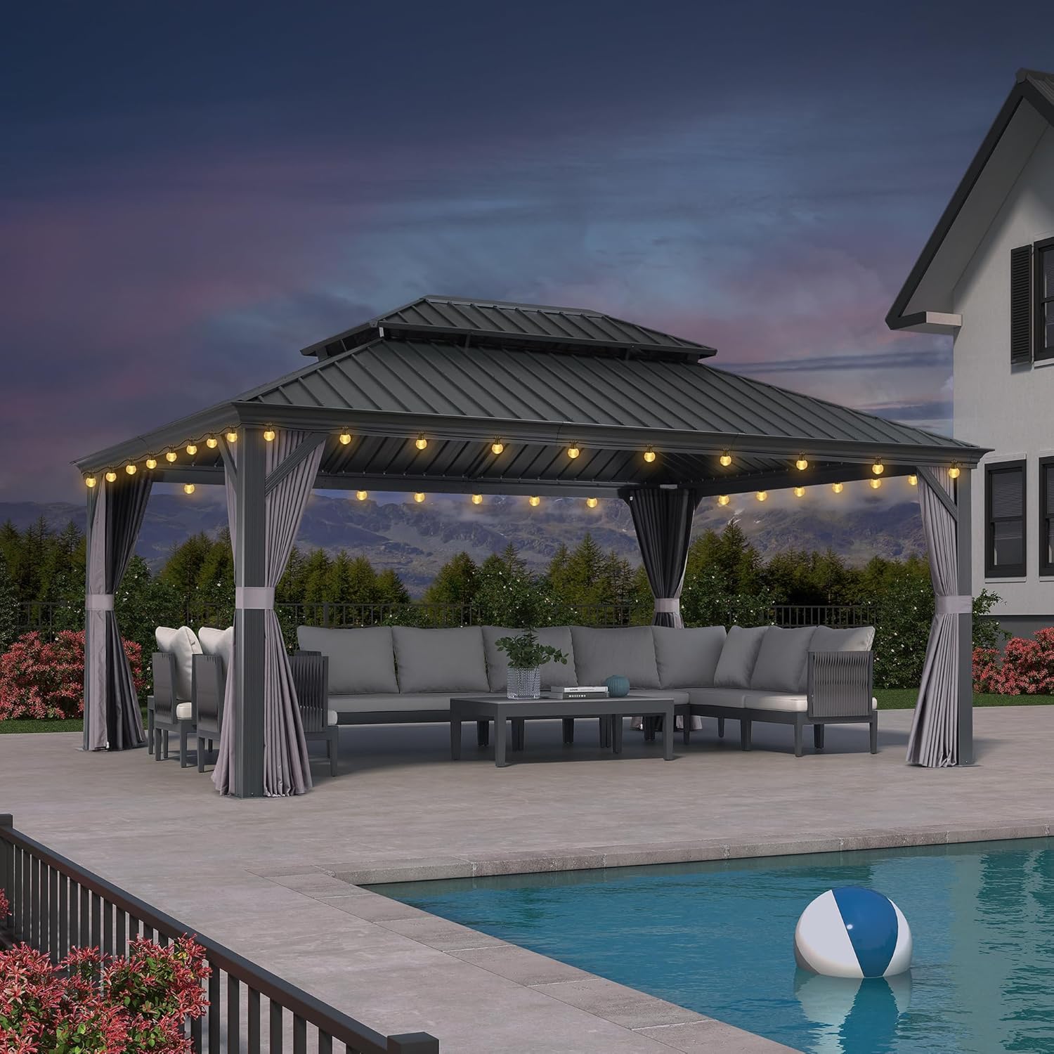 karaca-alisveris - pergola éclairée 5,2x4m, aluminium, rideaux, gouttière, gris