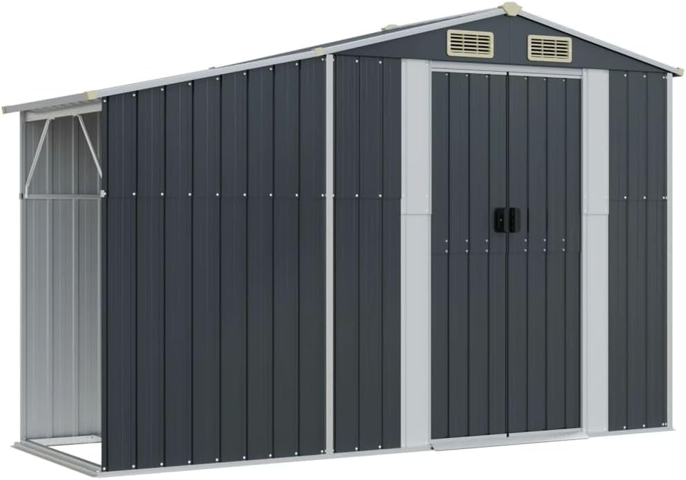 Abri de jardin anthracite 277 x 93 x 179 cm en acier galvanisé avec toit incliné et ouvertures d'aération pour outils de jardin et support de bois de chauffage, abri de jardin en métal robuste pour le