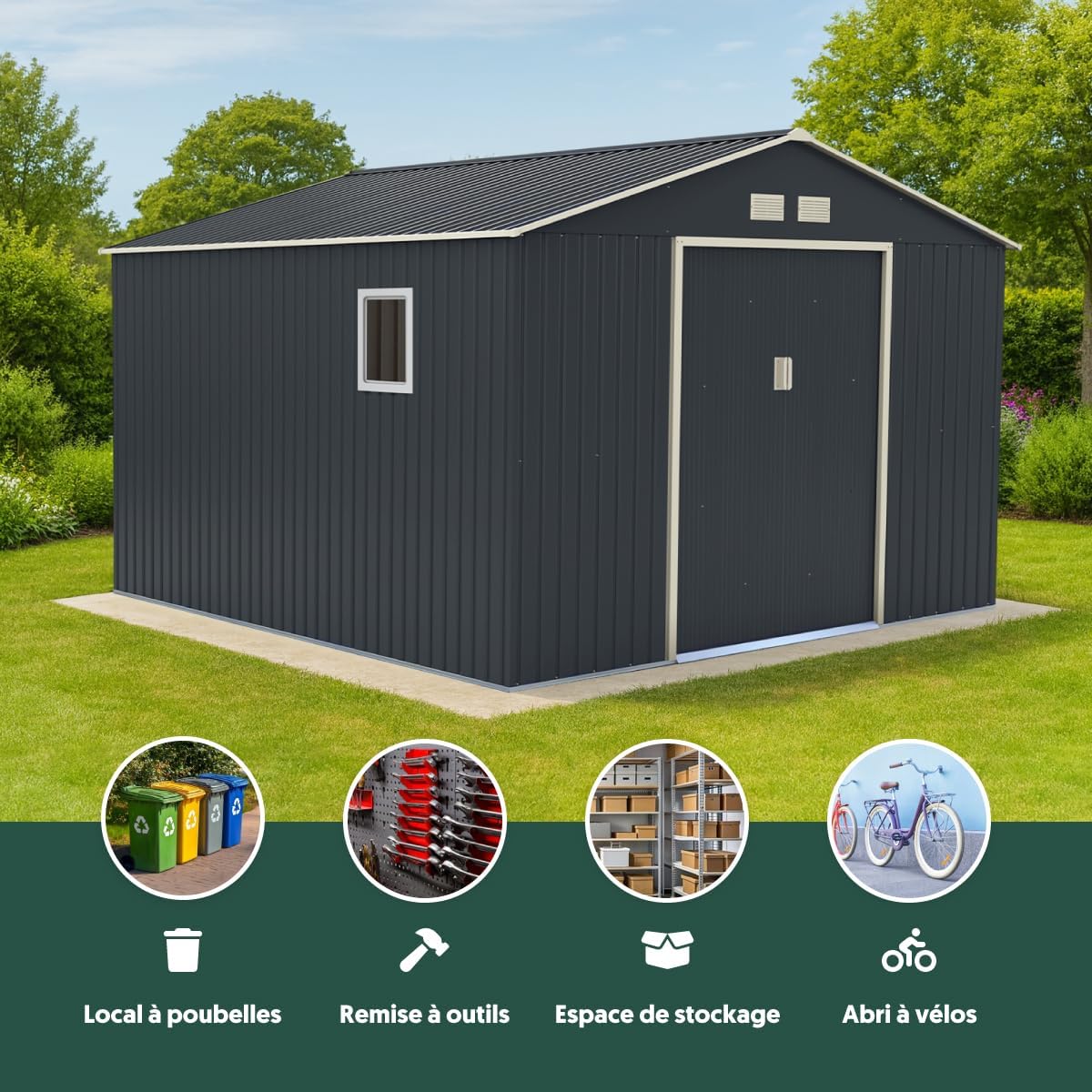 Abri de jardin acier galvanisé - 13m², parois 175cm, fenêtre, kit ancrage