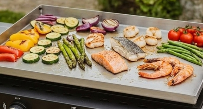 Séquence de préparation des aliments montrant divers légumes et du saumon disposés sur une grande plaque de cuisson ou un grand plateau.