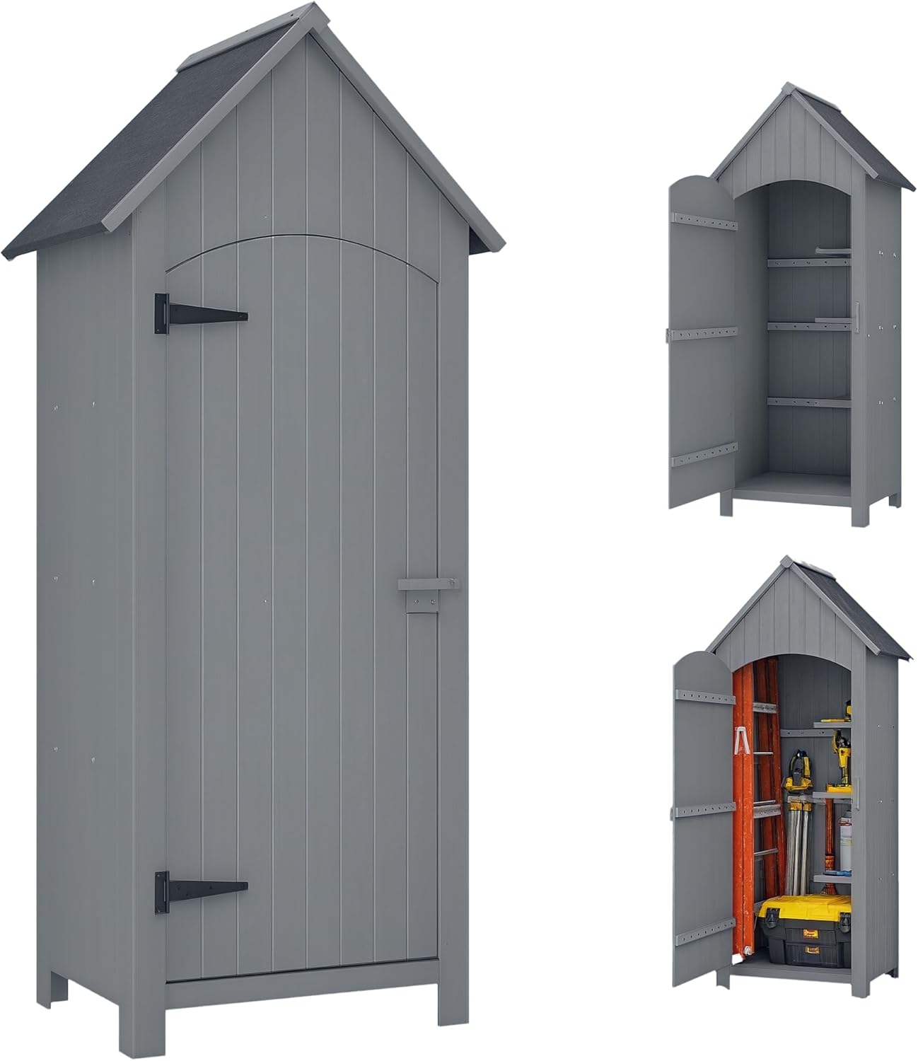 karaca-alisveris Abri de Jardin en Bois cabane de Jardin Exterieur Armoire de Jardin avec Toit bitumé 3 étagères Porte avec loquet Rangement et Stockage extérieurs pour terrasse 77,5 x 54,2 x 179,5 cm Gris