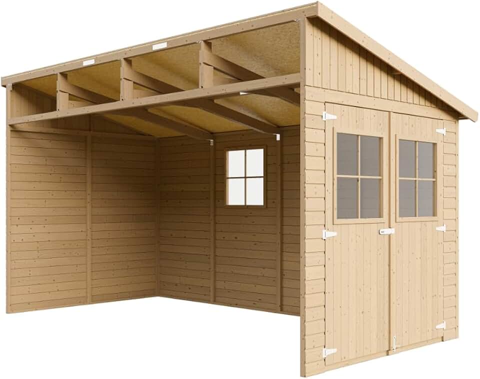 karaca-alisveris M340 Abri de Jardin en Bois Naturel (sans paroi latérale)- Stockage extérieur avec fenêtres- H243x216x416 cm/8 m2, Hangar en Bois Naturel - Atelier Rangement Outils et vélos The Forest Stewardship Council