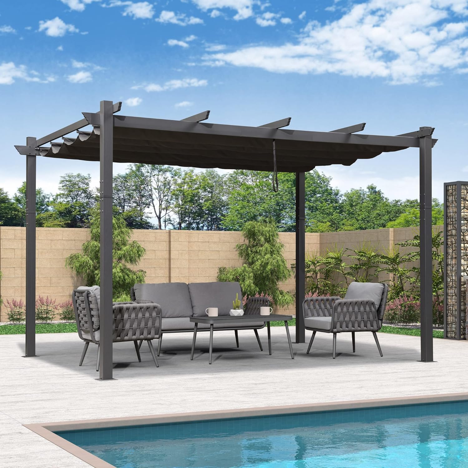 karaca-alisveris - pergola aluminium - 4 x 3,2 m - toit coulissant, tissu teint, gris