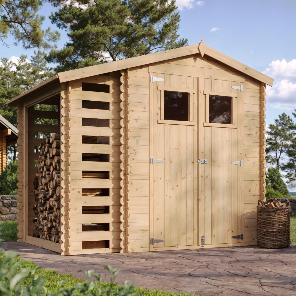 Abri de Jardin en Bois et Range bûches extérieur - Stockage extérieur I206xL272xH218 cm/ 3,53 + 0,97 m2 Petit abri à Outils, Local à vélos - karaca-alisveris M386