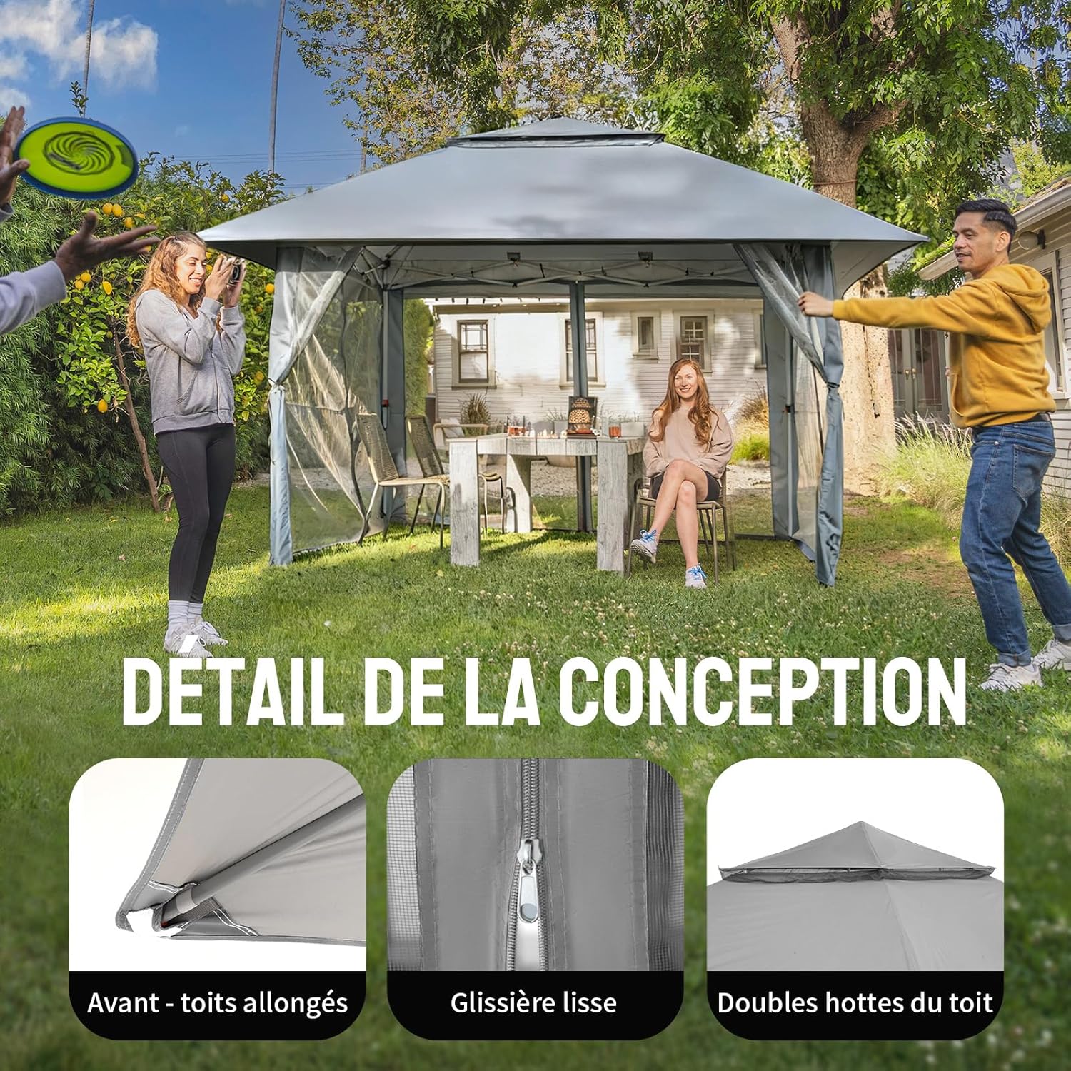 karaca-alisveris - tonnelle jardin pop up - 4x4 m - double toit, côtés maille, hauteur réglable