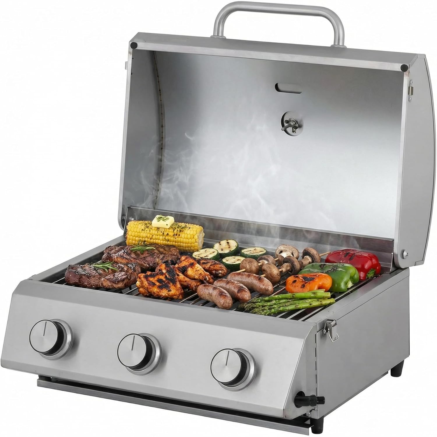 karaca-alisveris - Barbecue à gaz portable - inox - 3 brûleurs, thermomètre, allumage piézo - CATHAN