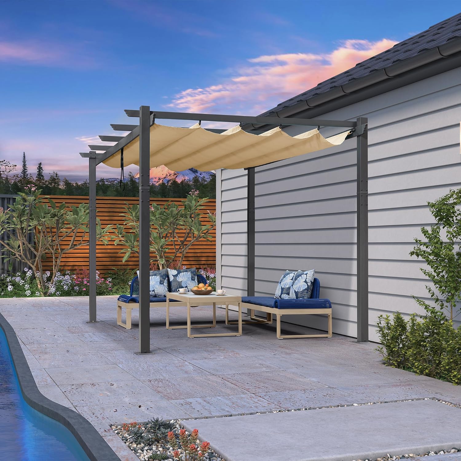 karaca-alisveris - Pergola murale - 4 x 2,7 m - toit coulissant alu, tissu kaki