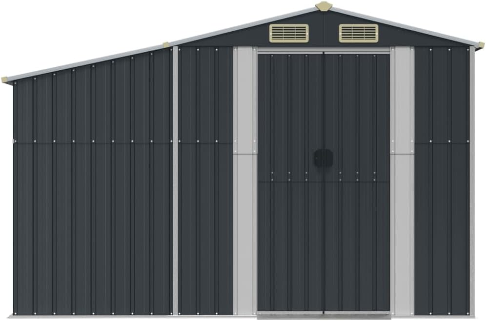 Abri de jardin en acier galvanisé avec toit incliné et trémie à charbon, finition anthracite durable, 277 x 279 x 179 cm