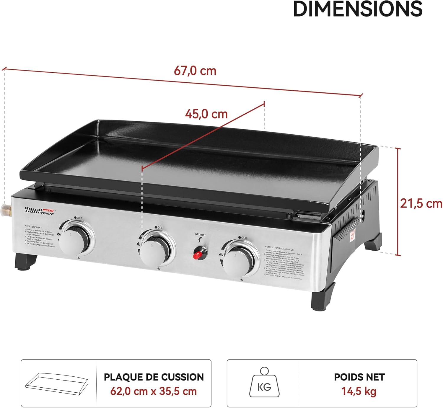 karaca-alisveris - Plancha Gaz 3 brûleurs - 62x35,5 cm - acier émaillé, portable, 7.5kW