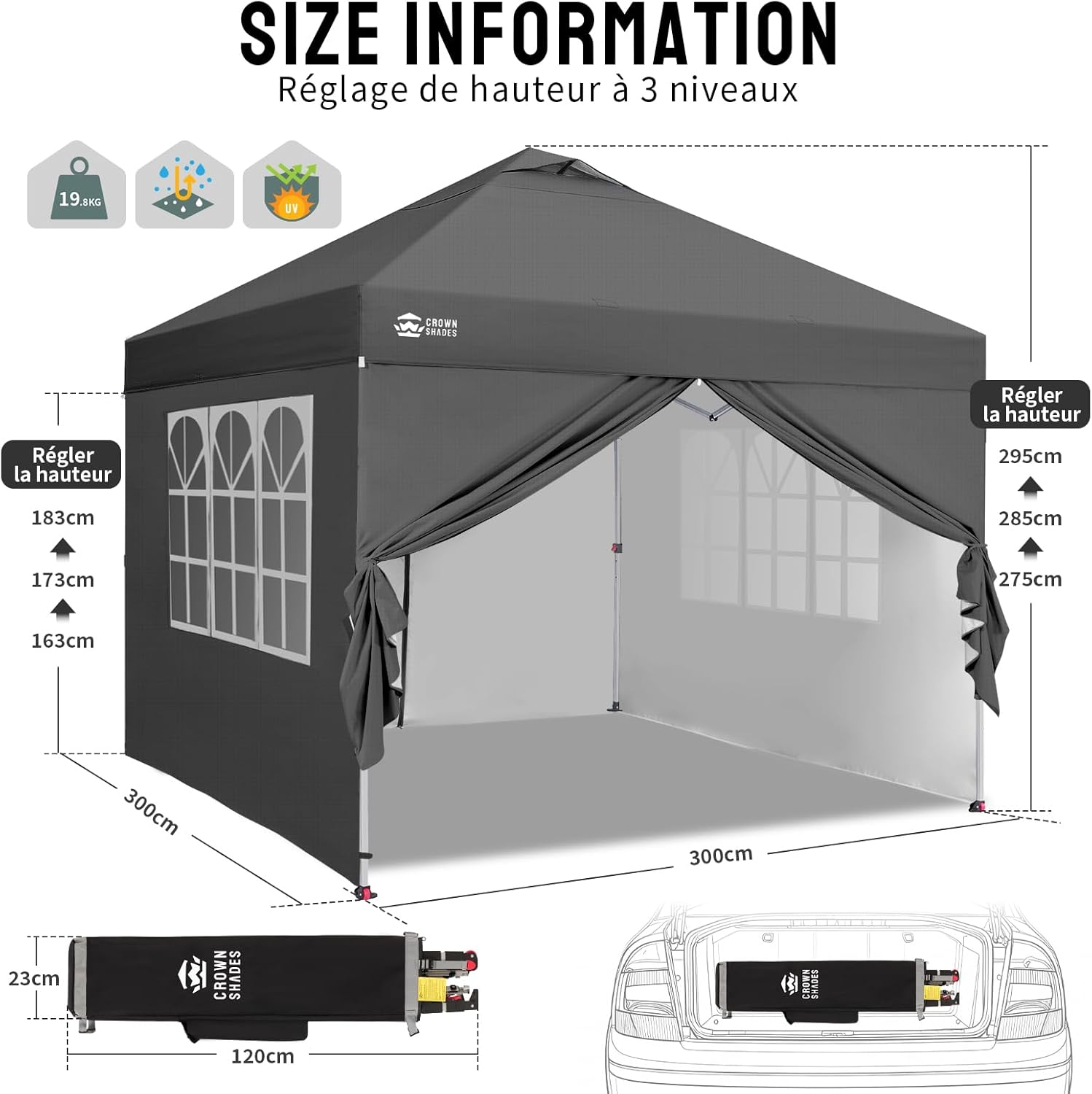 karaca-alisveris Tonnelle Pliante 3x3 Imperméable, Barnum Pliant de Jardin Exterieur, Pop-Up Gazebo avec Sac de Rangement, UPF 50+, avec 4 Parois Latérales Amovible, 4 Sac de Sable, Gris