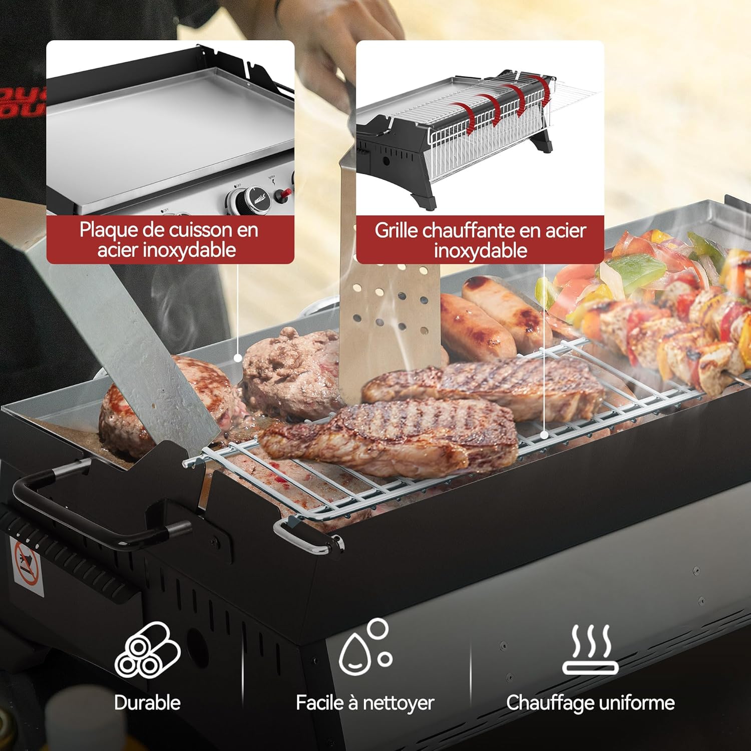 karaca-alisveris - Plancha gaz inox 3 brûleurs 61,5x32cm, 7,5kW, usage extérieur