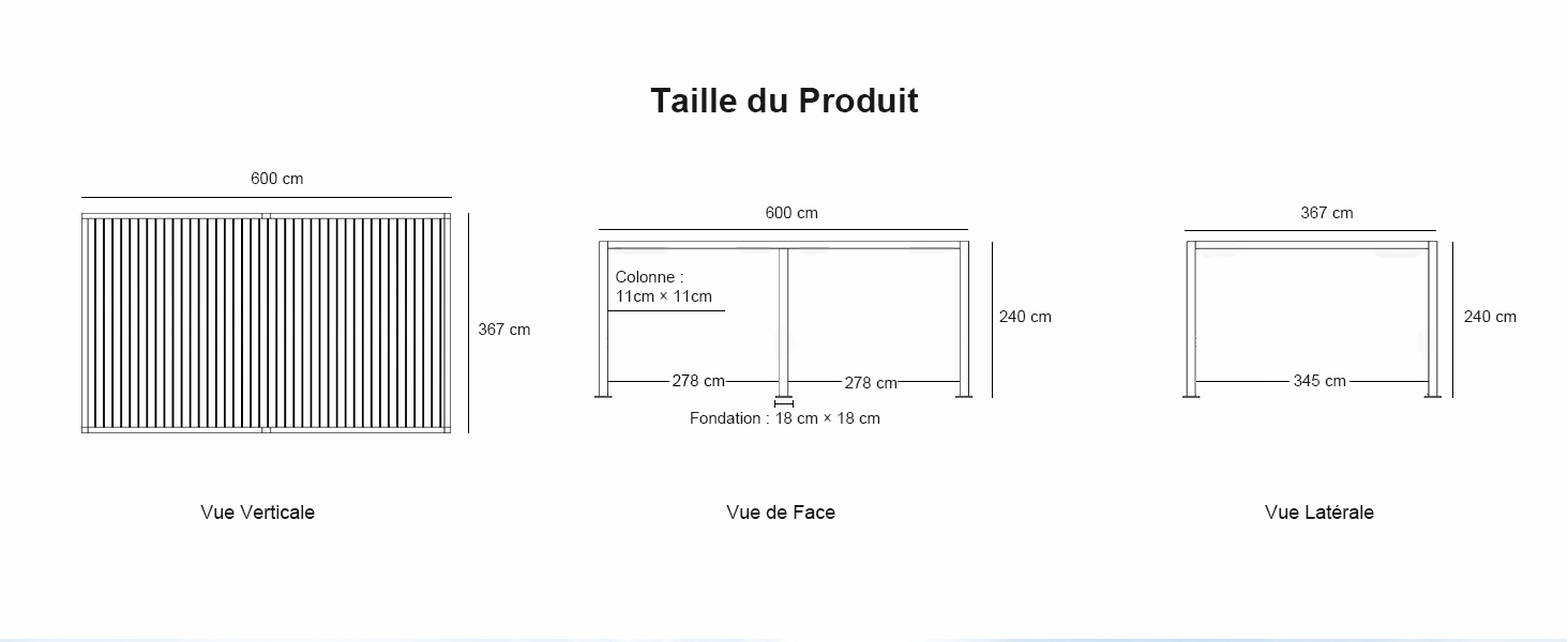 Diagramme des tailles du produit montrant les dimensions d'un article non spécifié. Trois vues affichent les mesures de largeur, de profondeur et de hauteur en centimètres.