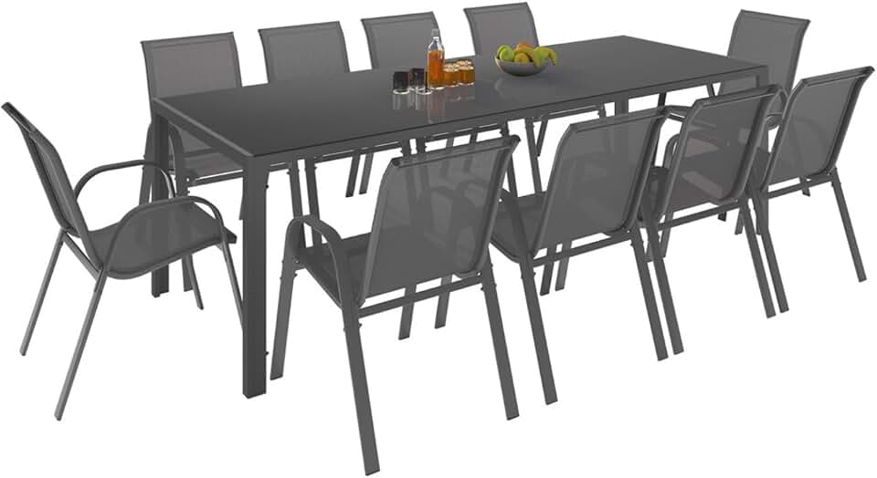 karaca-alisveris - Madrid série - Table 240cm, 10 chaises empilables, gris anthracite