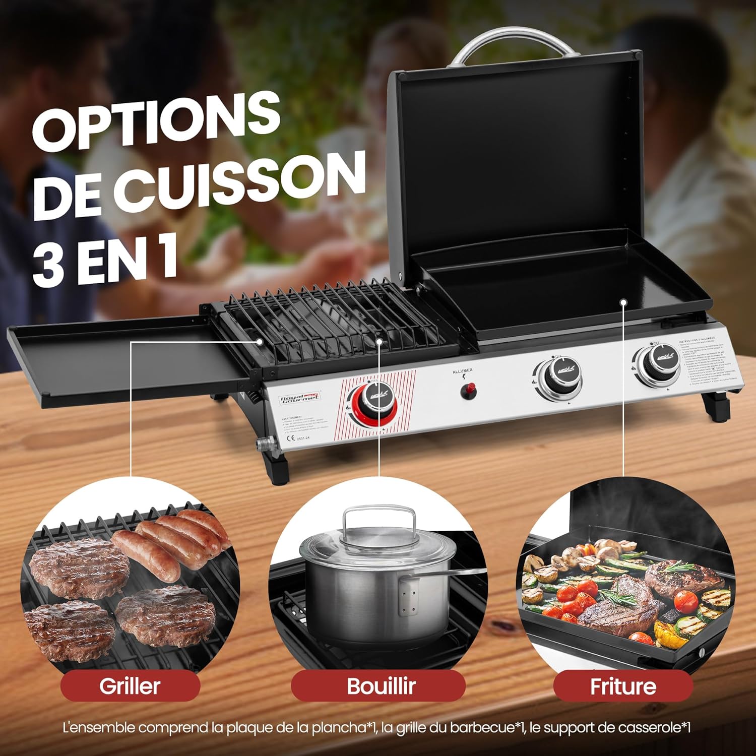 karaca-alisveris - barbecue gaz 3 brûleurs - 8,5kW - plancha, grille, couvercle multifonction
