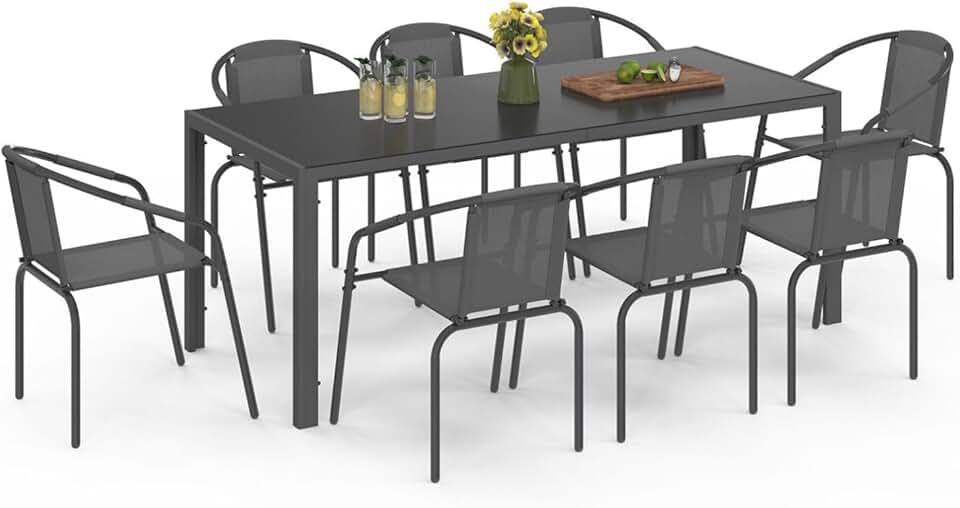 karaca-alisveris - Salon Thelma - table 190 cm + 8 chaises empilables - gris anthracite