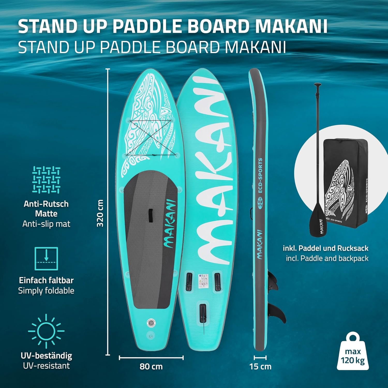 karaca-alisveris - Stand Up Paddle Board - 305/308/320/380 cm - PVC, jusqu’à 150 kg, 10/15 cm, sac, pompe