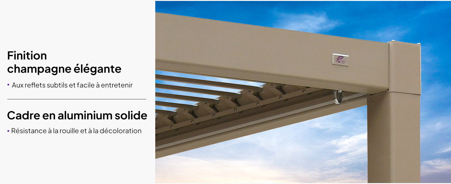 Le texte indique « Finition champagne élégante » et « Cadre en aluminium solide ». Structure de pergola en aluminium montrée sur fond de ciel bleu avec toit à lattes.