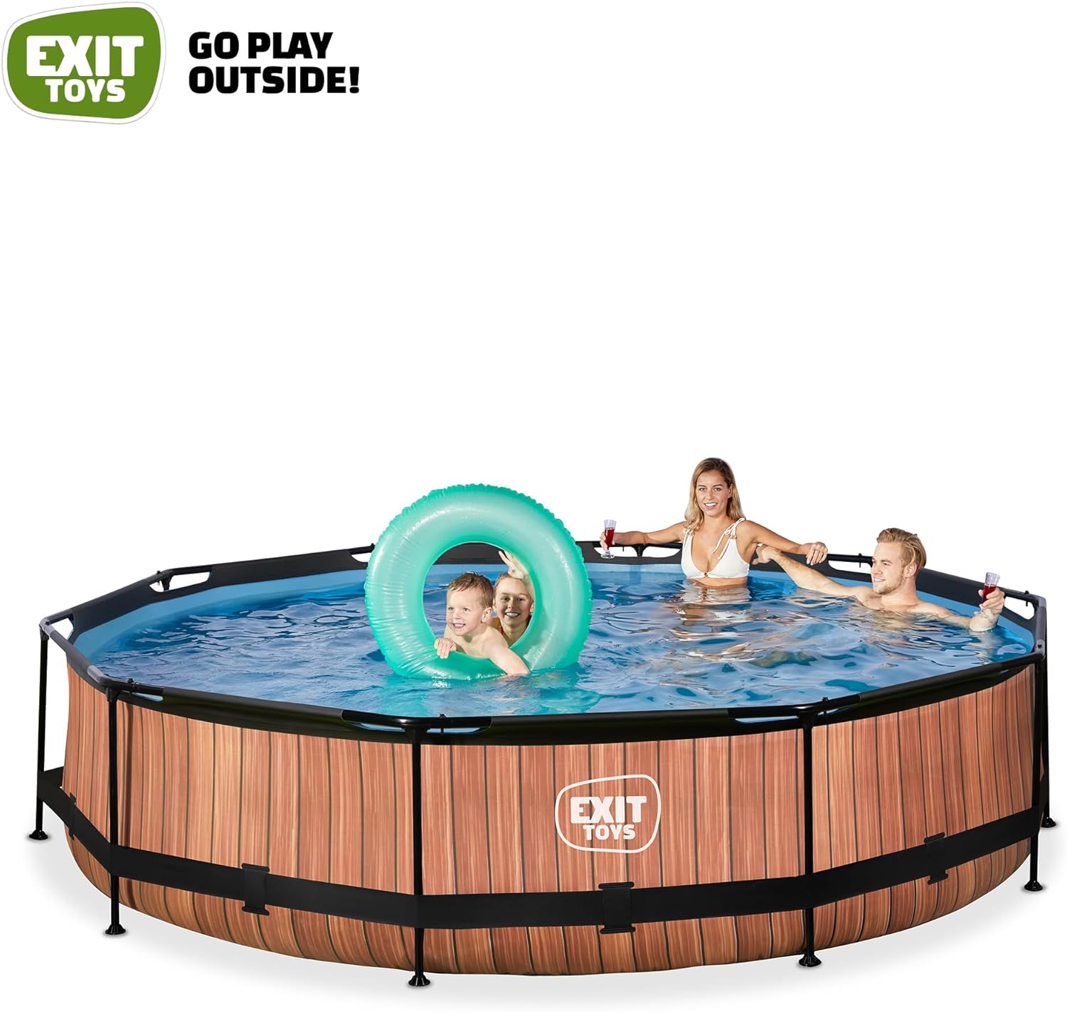 karaca-alisveris Piscine Tubulaire Wood - ø360x76cm - Piscine Hors Sol Ronde Grande avec Pompe Filtrante à Cartouche - Entrée Basse - Idéal pour Les Jeunes Enfants - Cadre Stable - Design Unique - Marron