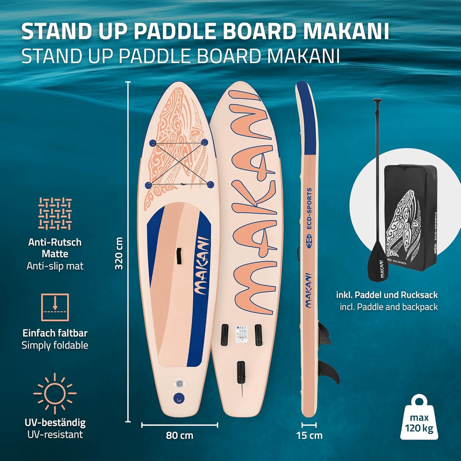 karaca-alisveris Stand Up Surf Paddle Board Gonflable 305/308/320/380 cm | PVC | jusqu'à 120/150 kg | Épaisseur 10/15 cm | Planche de Surf Pagaie Sac de Transport Pompe à Air | Diverses Couleurs Modèles
