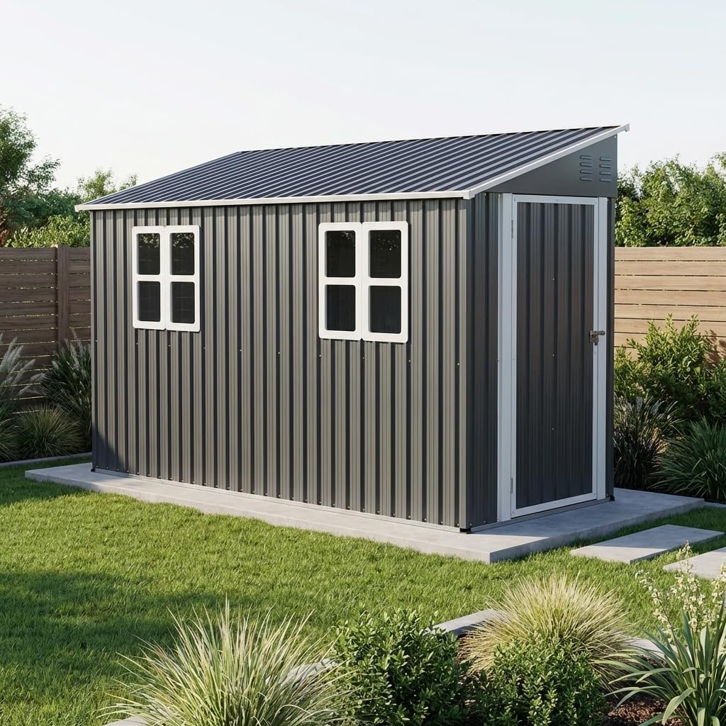 Abri de Jardin Métal 4x10 Pieds (1,2x3 m) avec Kit de Fondation – Design Adossé, Porte Verrouillable et 2 Fenêtres – Coffre de Rangement Extérieur Résistant aux Intempéries pour Outils Jardinage