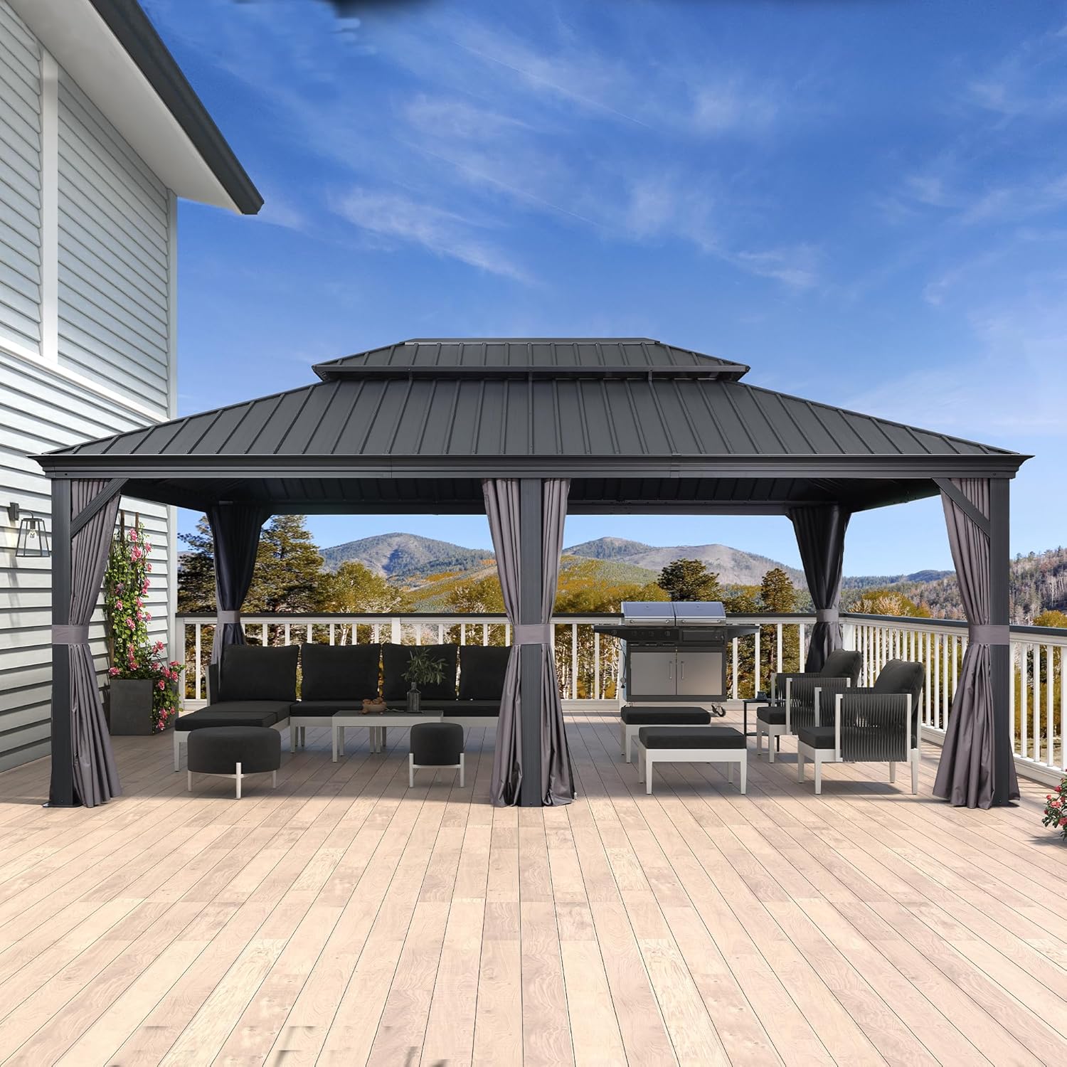 karaca-alisveris - tonnelle toit double acier, 6x4,25m, moustiquaire, rideaux