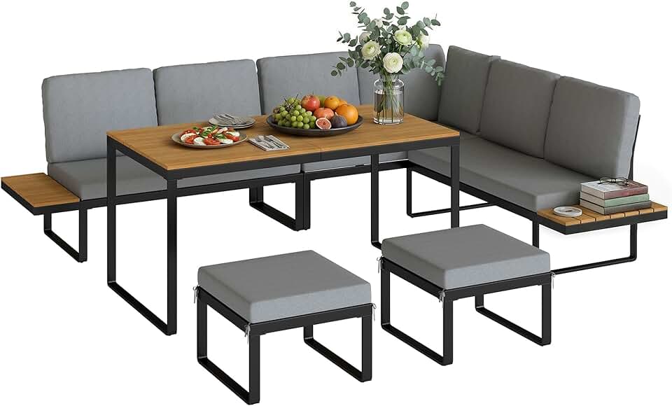 Salon de Jardin karaca-alisveris - 6-8 pers - Ensemble aluminium, table haute, canapé d'angle, table bois composite, gris - OJ-6