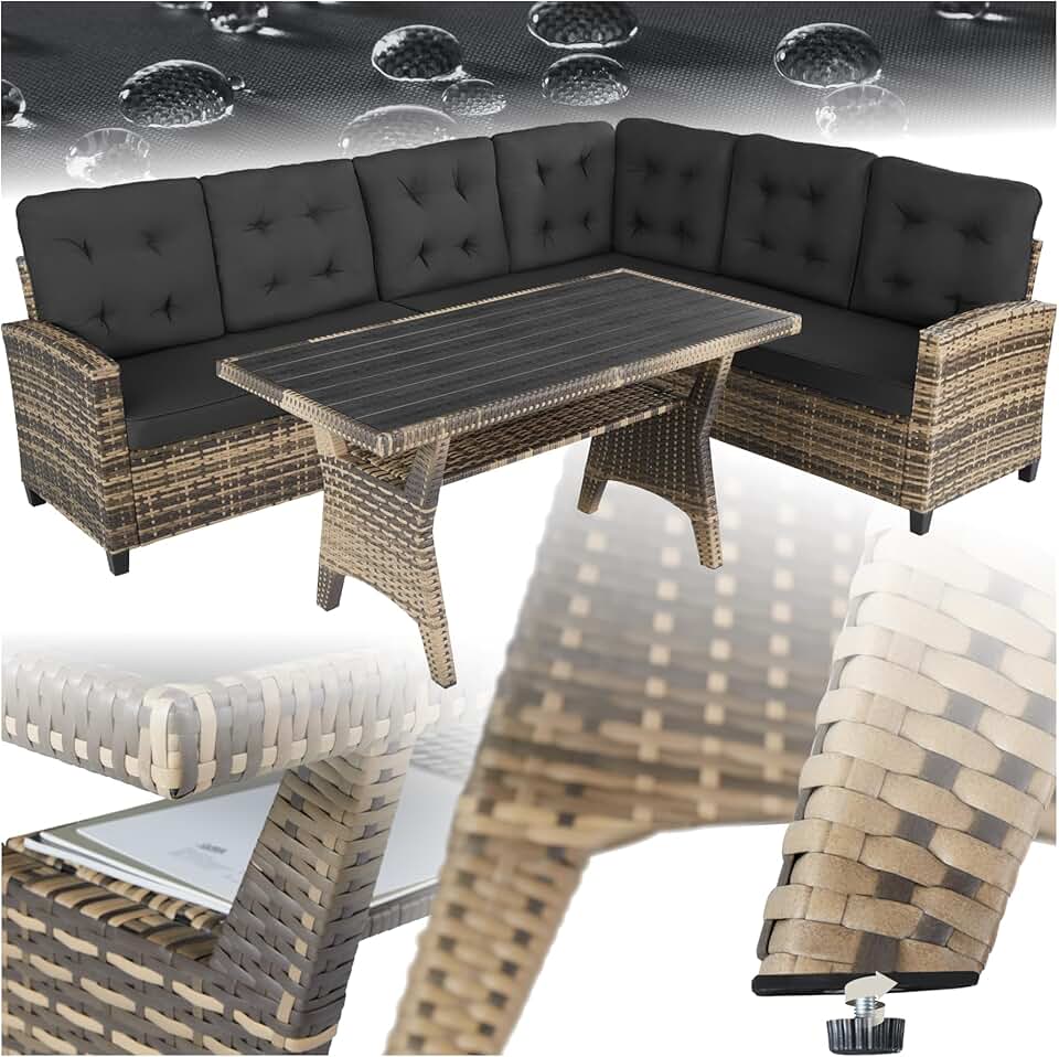 karaca-alisveris - salon de jardin XXL 6 places, rotin, coussins moelleux, table
