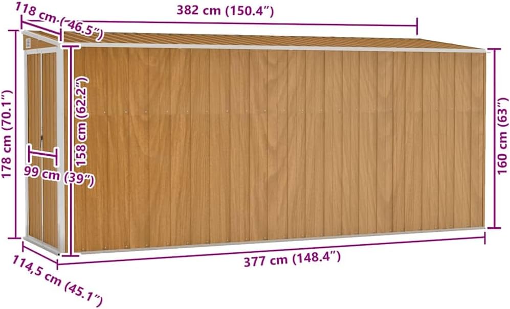 karaca-alisveris Abri de Jardin Mural Marron 118 x 382 x 178 cm Acier galvanisé,Structures extérieures, Cabanes & abris de Jardin,316232