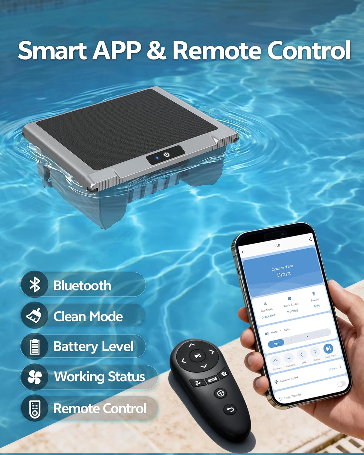 T1B Robot Nettoyeur Skimmer Solaire Robot de Surface Piscine, avec Nettoyage 24h/7, Double Modes de Recharge, Retour Automatique à la Base, adapté aux piscines Enterrées et Hors Sol (Bleu)