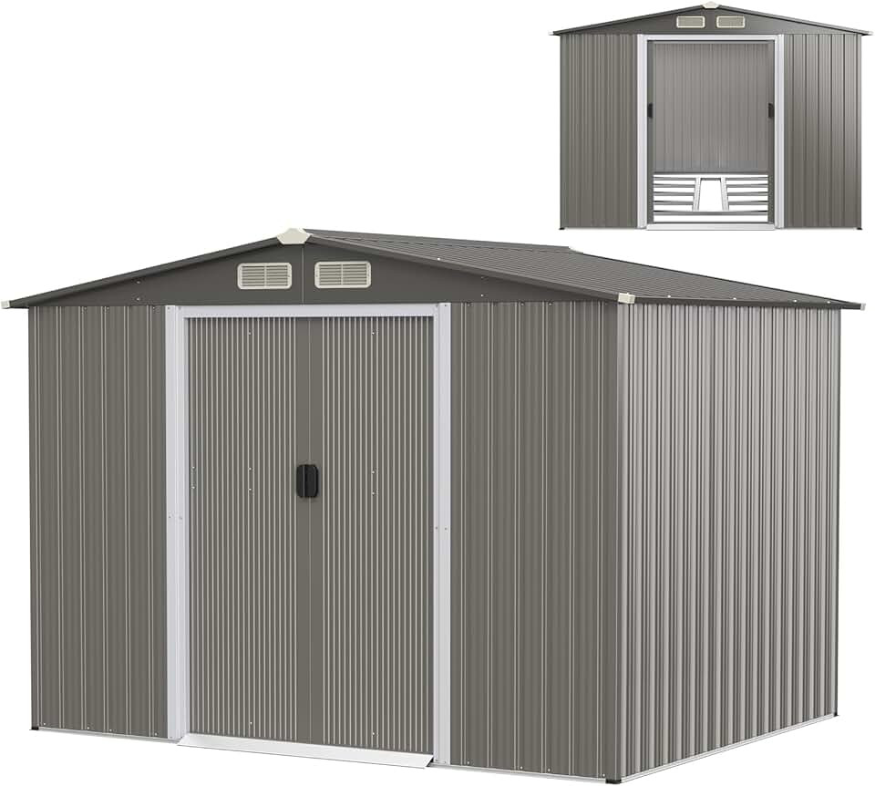 karaca-alisveris Abri de Jardin 4.7㎡en Acier Galvanisé Anti-UV, 260 x 207 x 181 CM, Cabane de Jardin Exterieur 9.7 m³ avec Fondation et Porte Coulissante, Rampe, 4 Trous d’Aération, 4 Gants Inclus, Gris Foncé