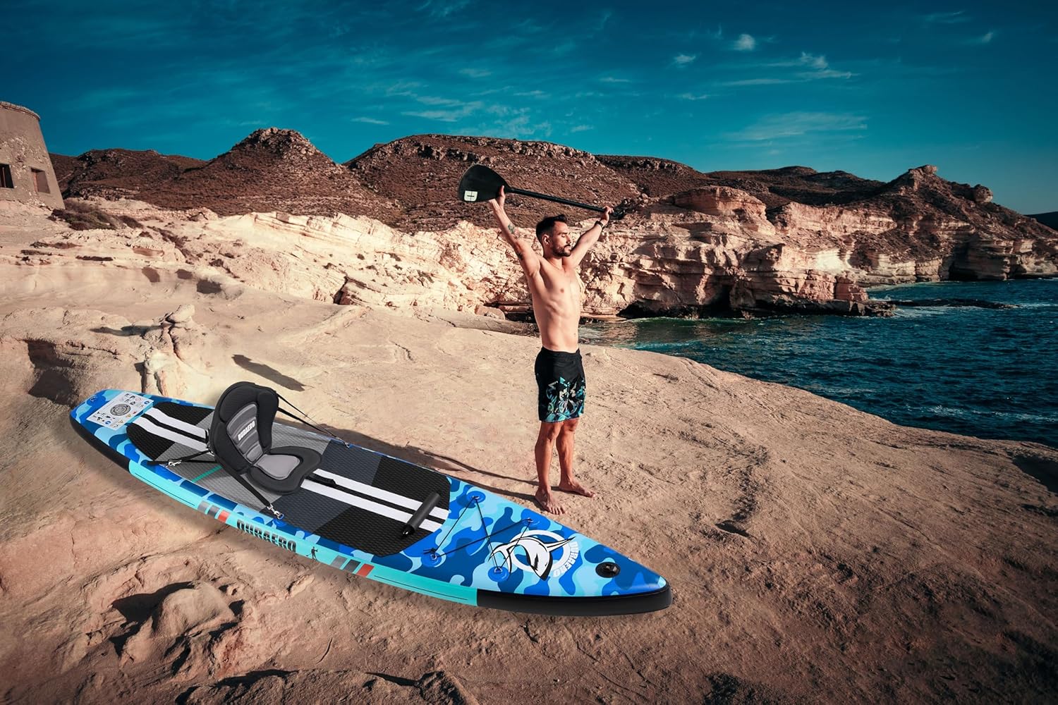 Planche de Stand Up Paddle Gonflable, 330x76x15 cm, kayak, 150 kg, kick-pad, caméra, camouflage Blue