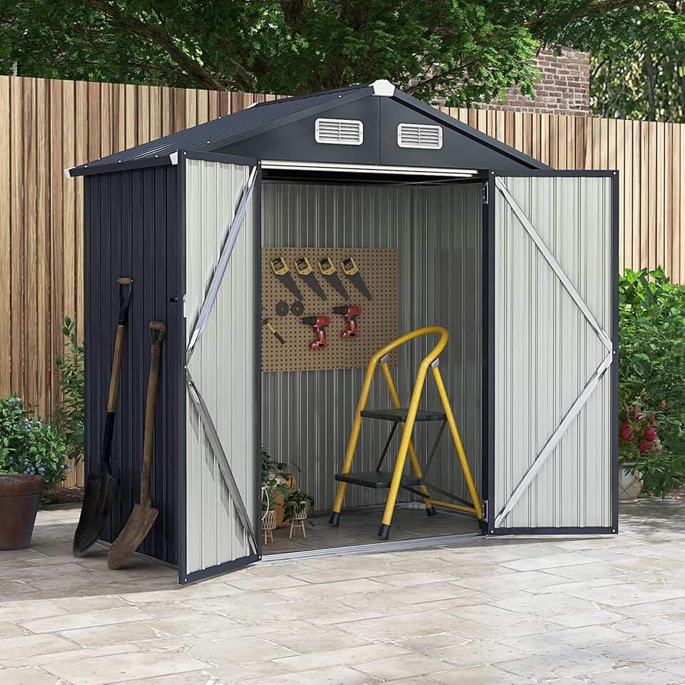 karaca-alisveris Abri de Jardin Métal Galvanisé 3,4 m³,Double Porte Verrouillable avec Clé, Cabane de Jardin Exterieur, Abri Rangement Exterieur pour Vélo, Poubelle, Outil