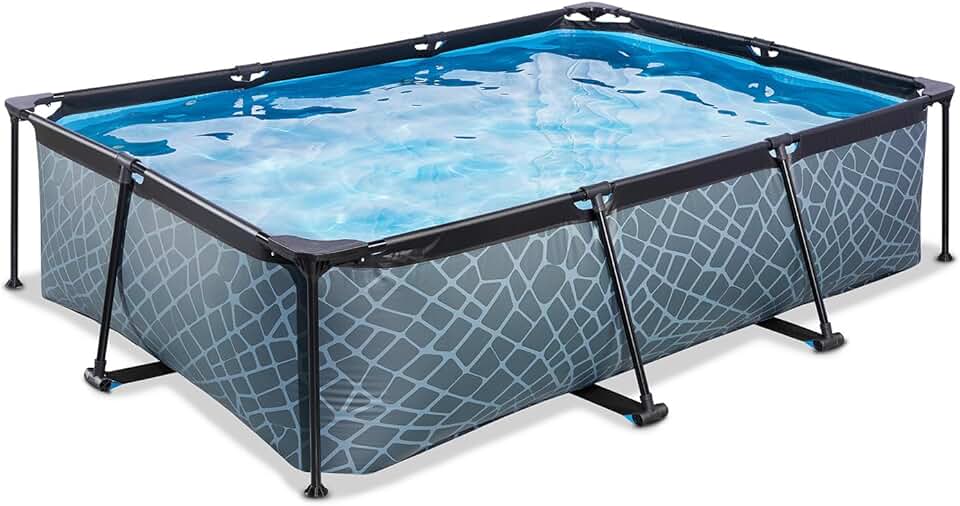 karaca-alisveris Piscine Tubulaire Stone - 220x150x65cm - Piscine Hors Sol Rectangulaire avec Pompe Filtrante à Cartouche - Entrée Basse - Idéal pour Les Jeunes Enfants - Cadre Stable - Design Unique - Gris