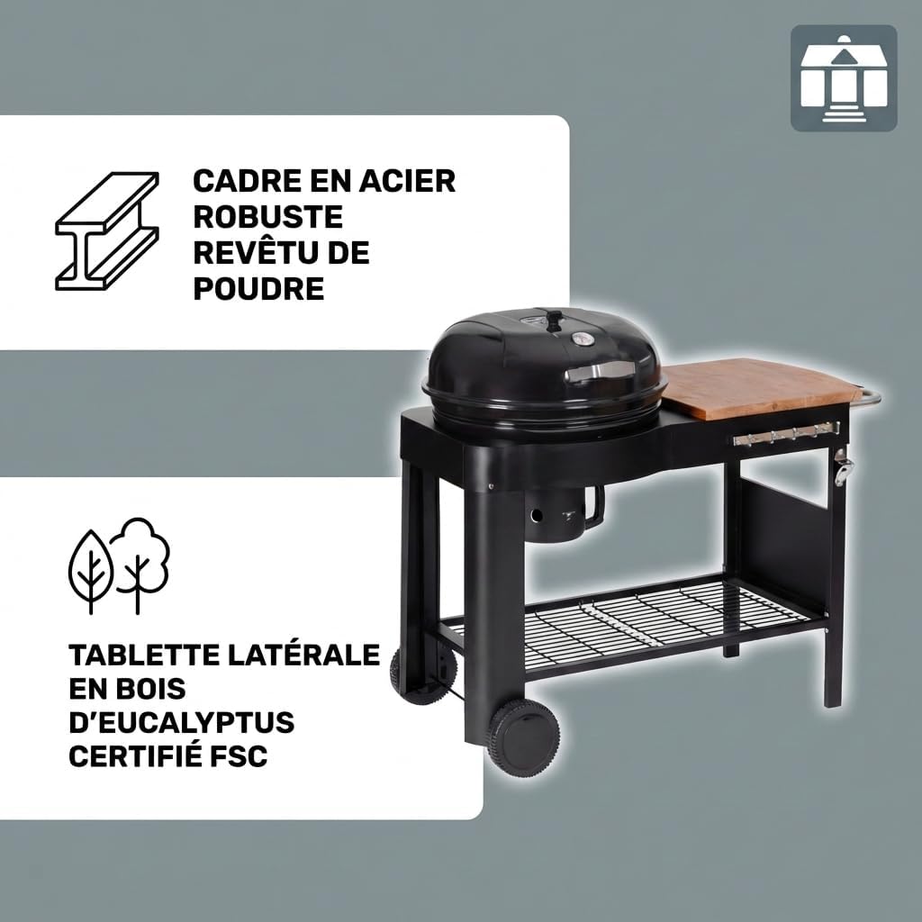 karaca-alisveris - Barbecue Calgary - acier/bois - couvercle thermomètre, tablettes, 2 roues, noir
