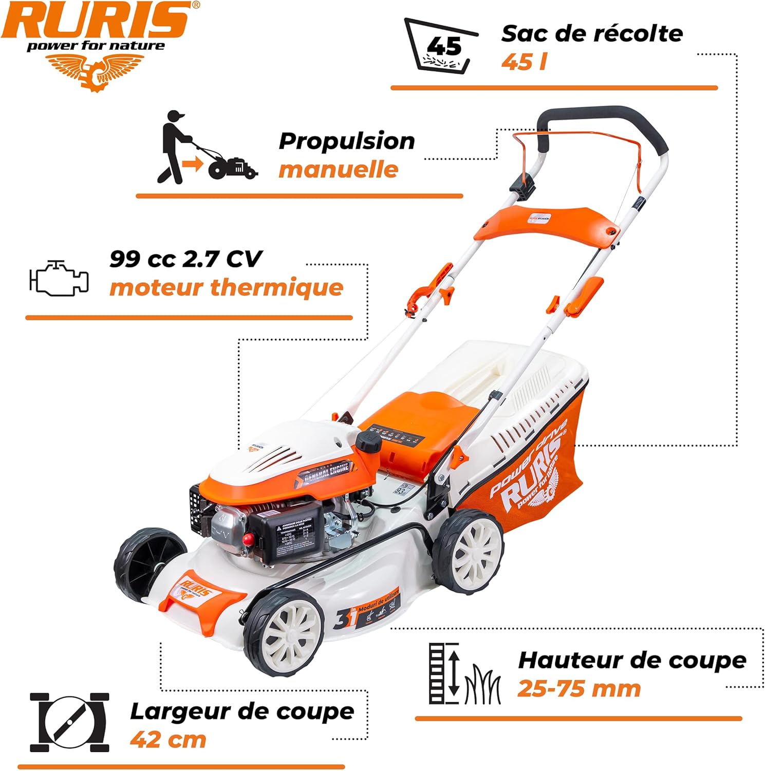 RURIS Tondeuse à Gazon Thermique RX200S, 2,7 CV, 42 cm, Sac 45L, 3 en 1: Collecte, Éjection Arrière, Mulching, Châssis Acier, Hauteur Réglable 25-75 mm, Orange