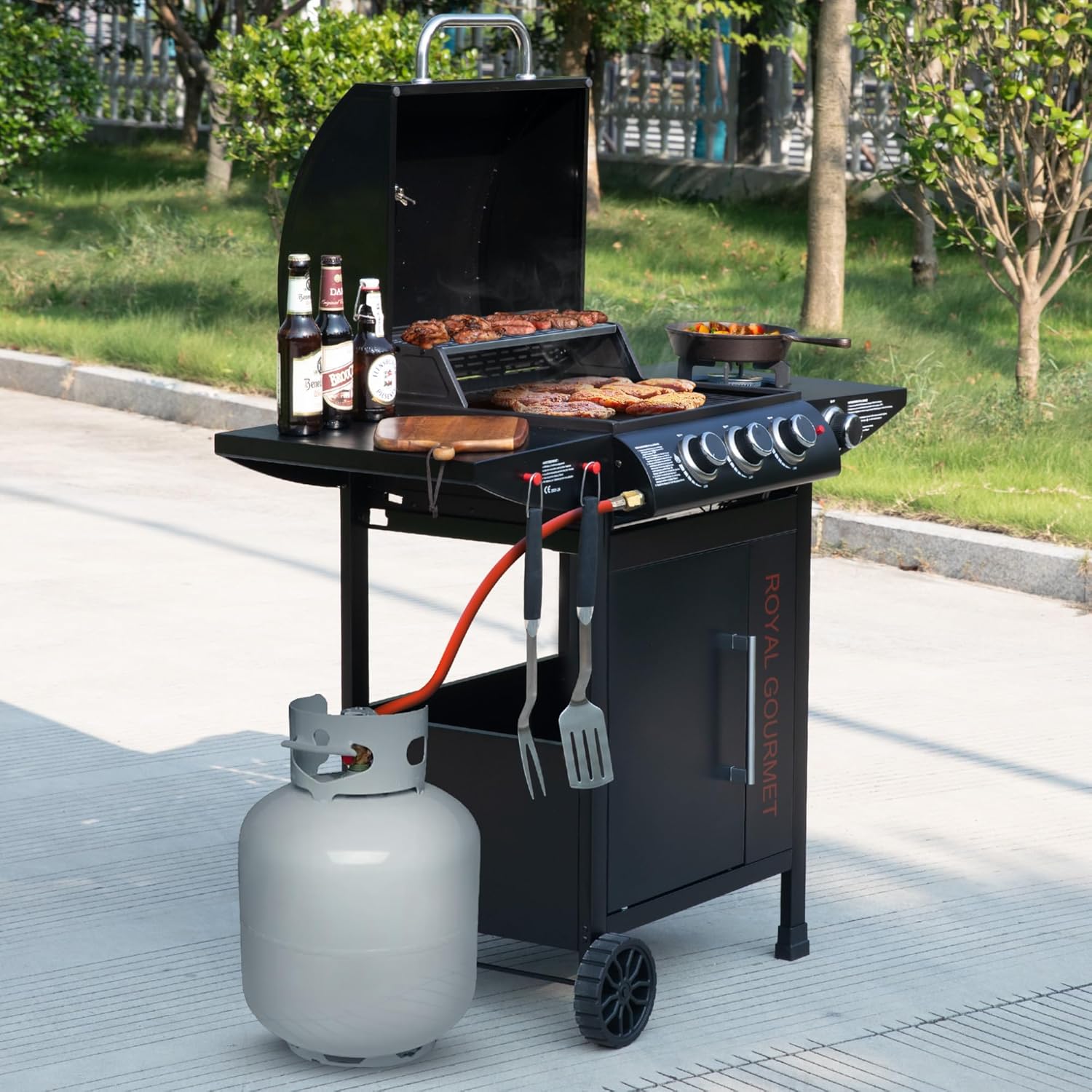 karaca-alisveris - barbecue gaz 3+1 brûleurs inox - 11,5 kW - chariot, 2 roues, thermomètre