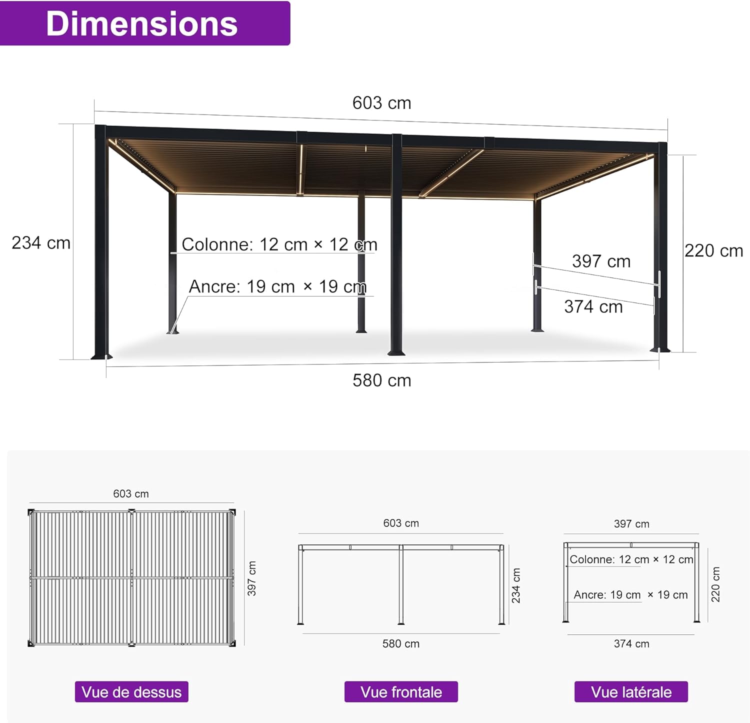 karaca-alisveris - Pergola bioclimatique - 4x6m - alu lames LED gris