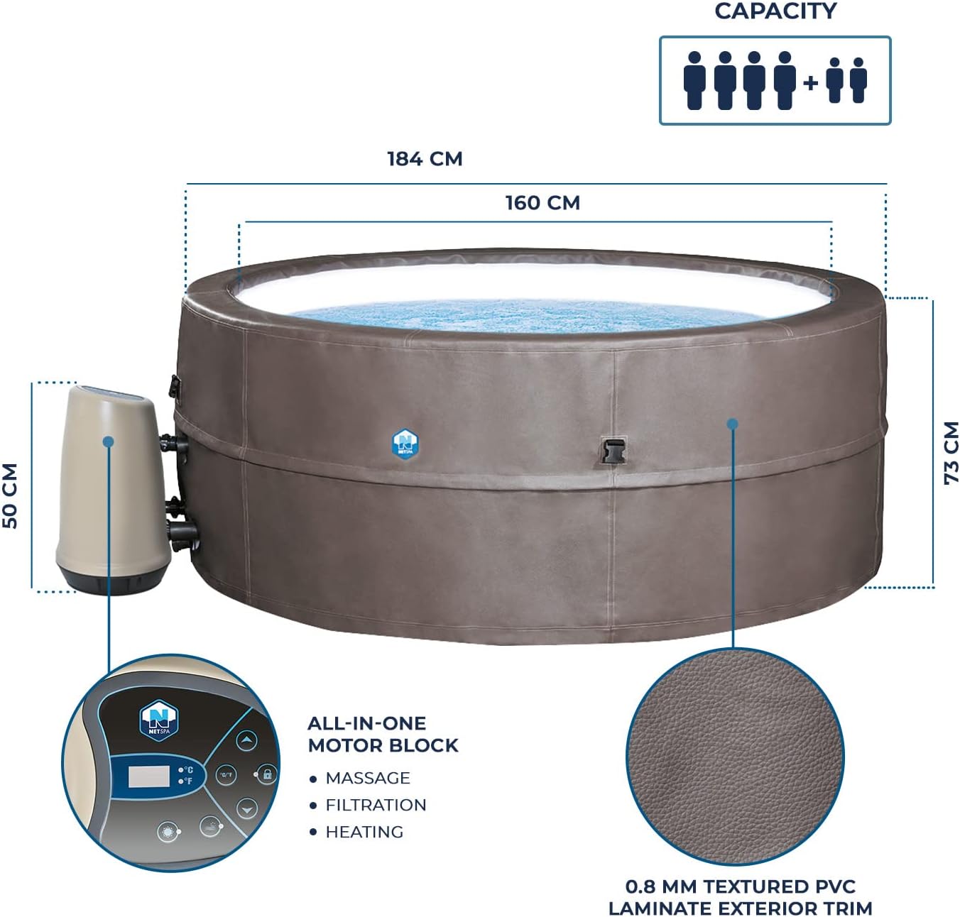 karaca-alisveris - Spa - Vita Premium - SP-VIP160C - Gonflable - 6 Places (4 Adultes + 2 Enfants) - Bache De Protection - Réchauffeur - 1100 L - Couverture Simili-Cuir Premium